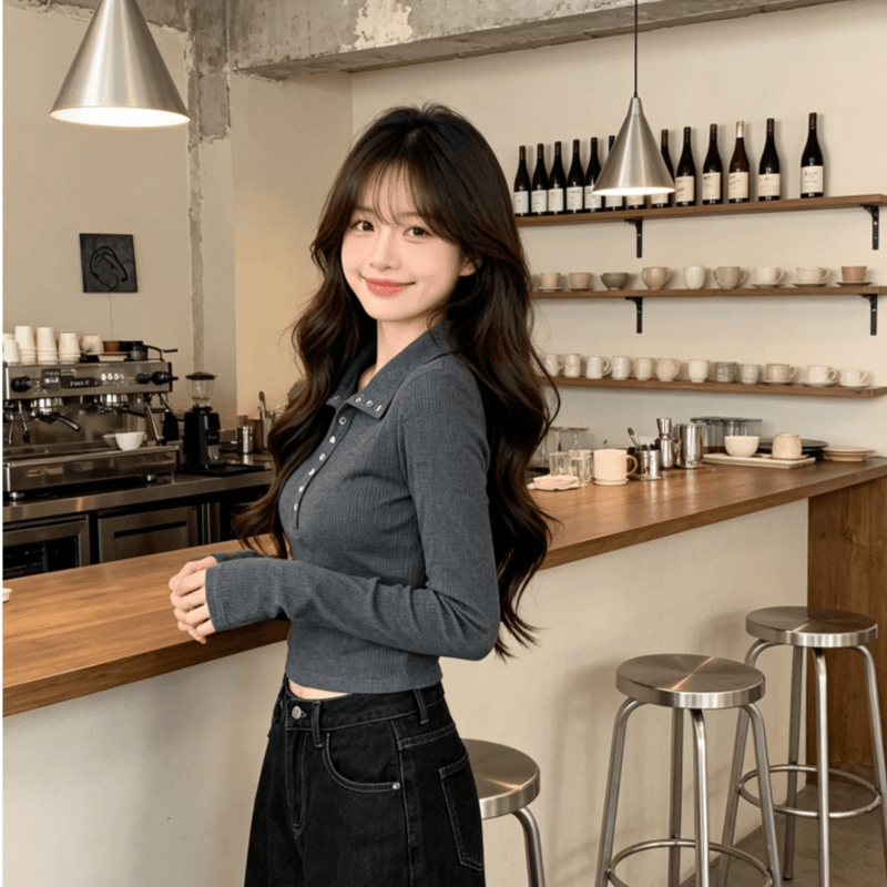 실사 모달 긴팔 티셔츠 여성 2026 봄 가을 새로운 얇은 스타일 몸매 가꾸기 기본 셔츠 폴로 칼라 맨위 상세 이미지 14