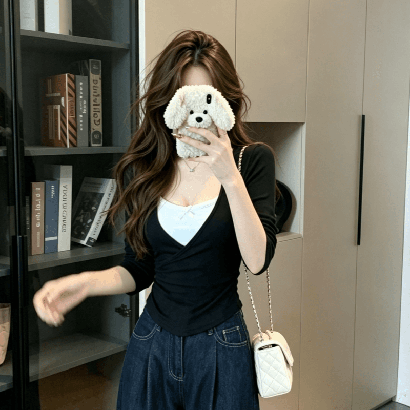 실사 한 부서 페이크 레이어드 긴팔 티셔츠 여성 가을 몸매 가꾸기 슬림해 보이는 허리 수축 순수한 욕망 핫걸 Chic 맨위 이미지 3