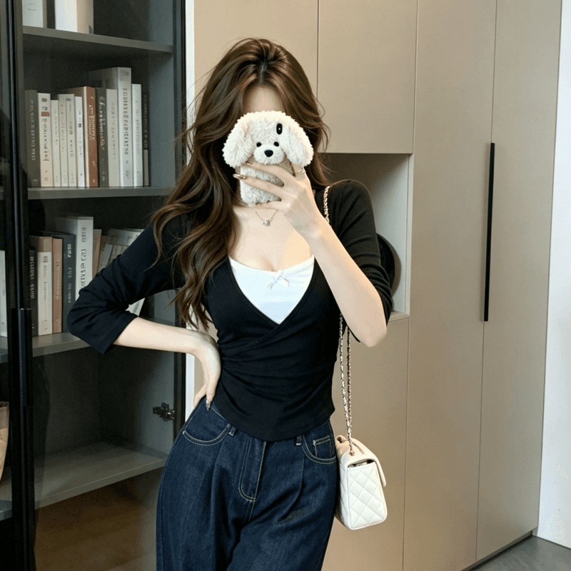 실사 한 부서 페이크 레이어드 긴팔 티셔츠 여성 가을 몸매 가꾸기 슬림해 보이는 허리 수축 순수한 욕망 핫걸 Chic 맨위 상세 이미지 1