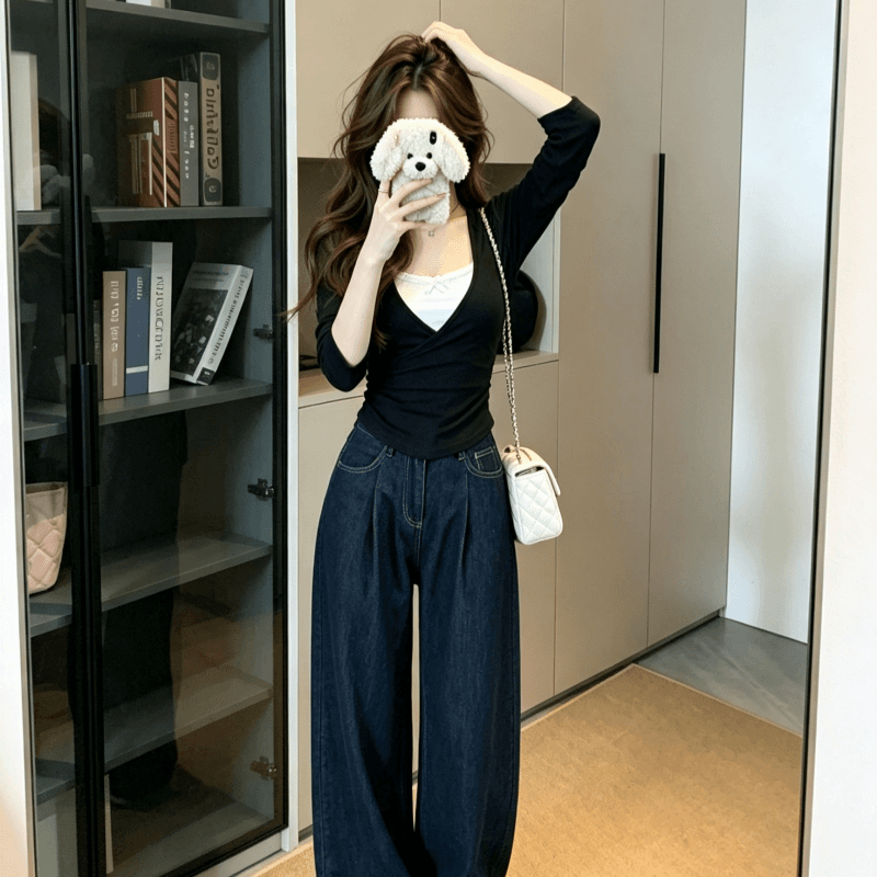 실사 한 부서 페이크 레이어드 긴팔 티셔츠 여성 가을 몸매 가꾸기 슬림해 보이는 허리 수축 순수한 욕망 핫걸 Chic 맨위 상세 이미지 3