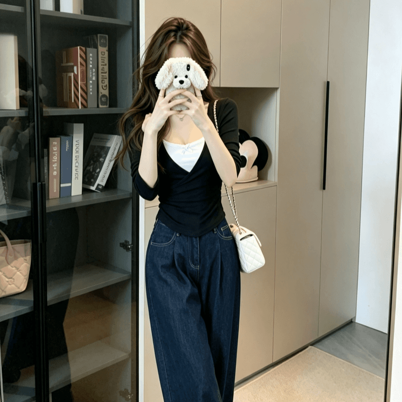 실사 한 부서 페이크 레이어드 긴팔 티셔츠 여성 가을 몸매 가꾸기 슬림해 보이는 허리 수축 순수한 욕망 핫걸 Chic 맨위 상세 이미지 5