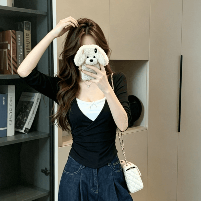 실사 한 부서 페이크 레이어드 긴팔 티셔츠 여성 가을 몸매 가꾸기 슬림해 보이는 허리 수축 순수한 욕망 핫걸 Chic 맨위 상세 이미지 6