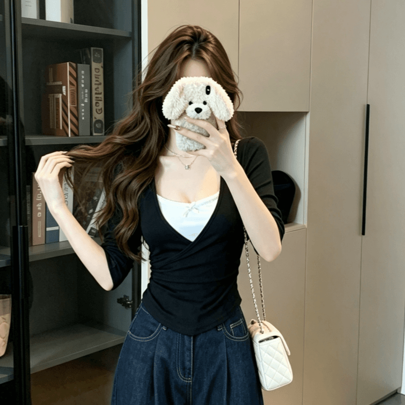실사 한 부서 페이크 레이어드 긴팔 티셔츠 여성 가을 몸매 가꾸기 슬림해 보이는 허리 수축 순수한 욕망 핫걸 Chic 맨위 상세 이미지 7
