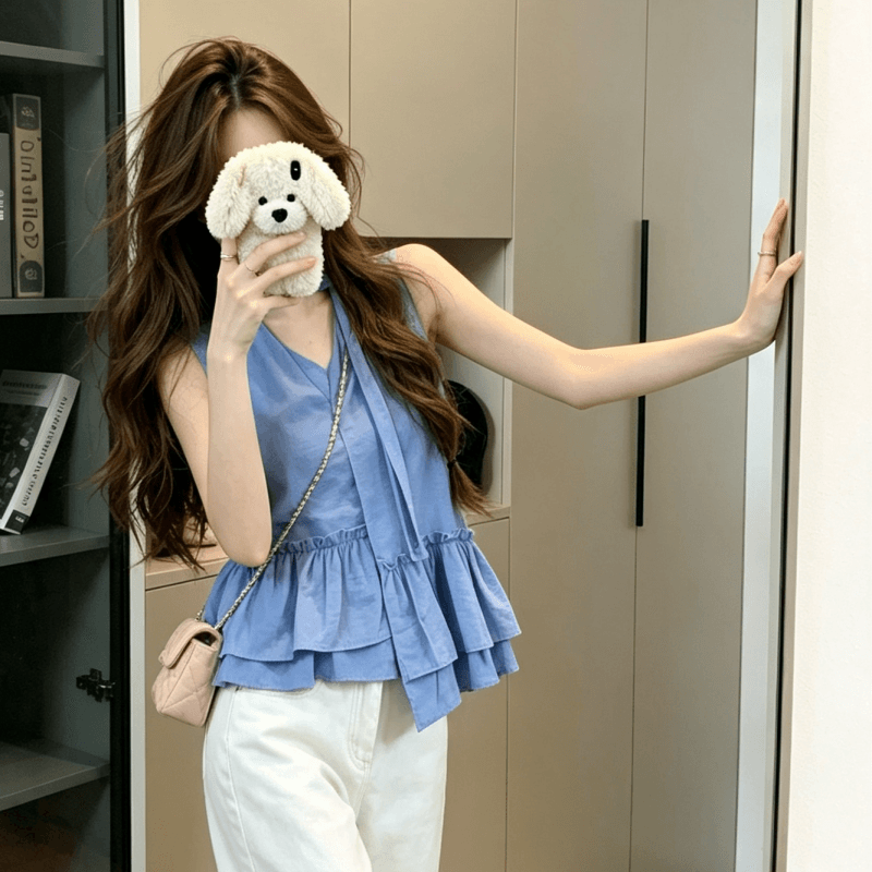 실사 불규칙 프릴 달콤함 민소매 맨위 여성 여름 아마 고급 센스 도파민 착용 가져 가라. 밝은 티셔츠 이미지 2