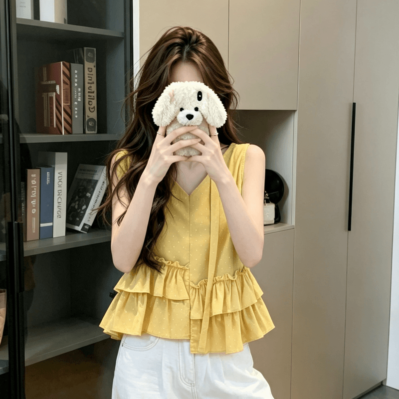실사 불규칙 프릴 달콤함 민소매 맨위 여성 여름 아마 고급 센스 도파민 착용 가져 가라. 밝은 티셔츠 이미지 3