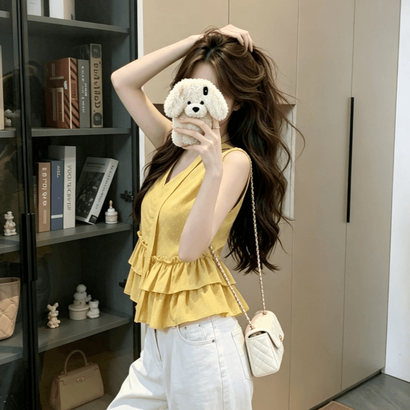 실사 불규칙 프릴 달콤함 민소매 맨위 여성 여름 아마 고급 센스 도파민 착용 가져 가라. 밝은 티셔츠 이미지 4