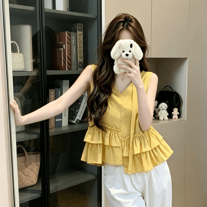 실사 불규칙 프릴 달콤함 민소매 맨위 여성 여름 아마 고급 센스 도파민 착용 가져 가라. 밝은 티셔츠 상세 이미지 2