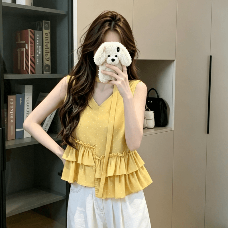 실사 불규칙 프릴 달콤함 민소매 맨위 여성 여름 아마 고급 센스 도파민 착용 가져 가라. 밝은 티셔츠 상세 이미지 4