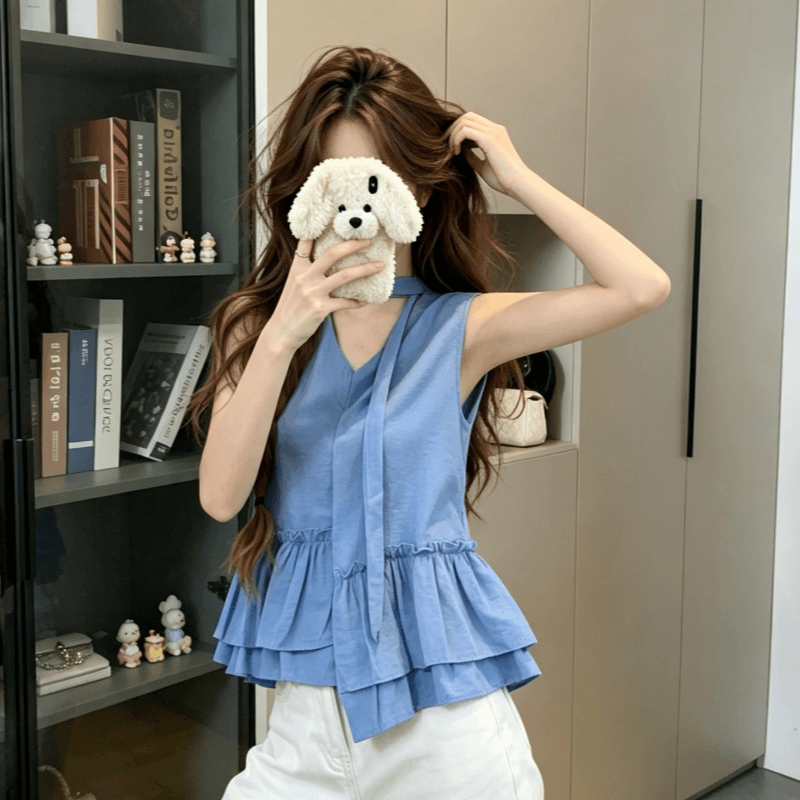 실사 불규칙 프릴 달콤함 민소매 맨위 여성 여름 아마 고급 센스 도파민 착용 가져 가라. 밝은 티셔츠 상세 이미지 8
