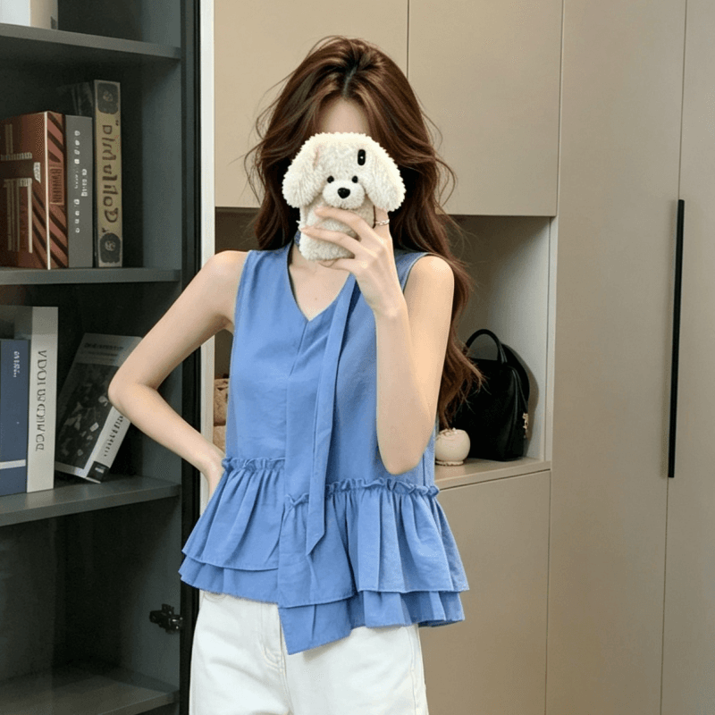 실사 불규칙 프릴 달콤함 민소매 맨위 여성 여름 아마 고급 센스 도파민 착용 가져 가라. 밝은 티셔츠 상세 이미지 9