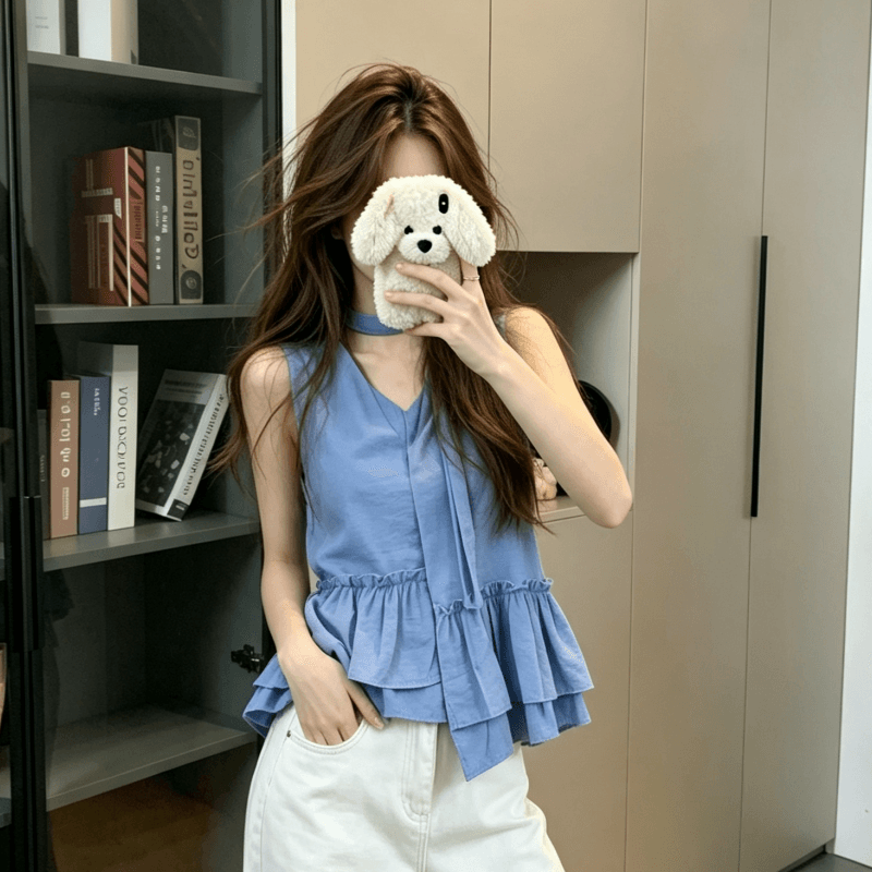 실사 불규칙 프릴 달콤함 민소매 맨위 여성 여름 아마 고급 센스 도파민 착용 가져 가라. 밝은 티셔츠 상세 이미지 10