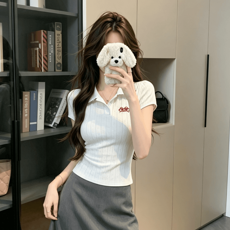 실사 학원 스타일 디자인 센스 POLO 칼라 반팔 티셔츠 여성 여름 몸매 가꾸기 슬림해 보이는 다용도 긍정적 인 어깨 의류 이미지 4