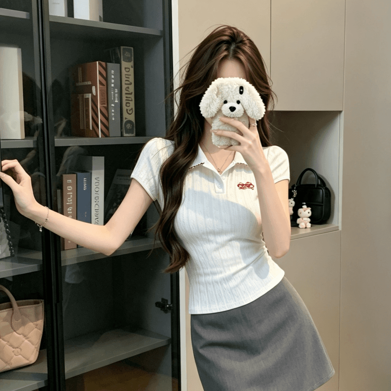 실사 학원 스타일 디자인 센스 POLO 칼라 반팔 티셔츠 여성 여름 몸매 가꾸기 슬림해 보이는 다용도 긍정적 인 어깨 의류 상세 이미지 1
