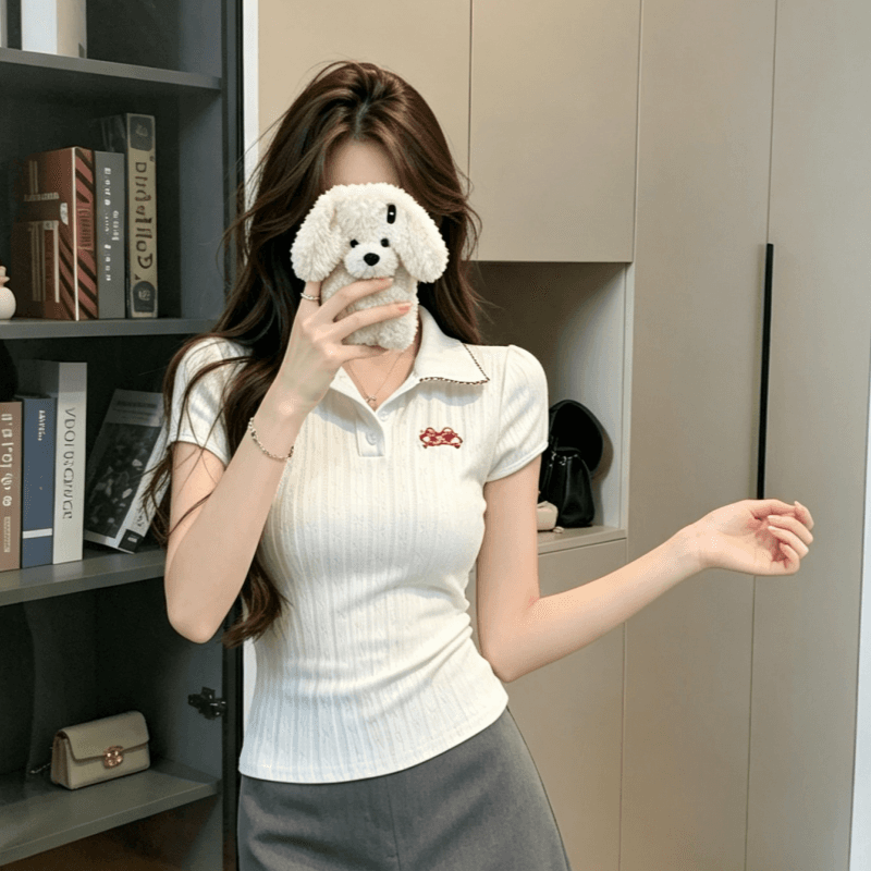 실사 학원 스타일 디자인 센스 POLO 칼라 반팔 티셔츠 여성 여름 몸매 가꾸기 슬림해 보이는 다용도 긍정적 인 어깨 의류 상세 이미지 3