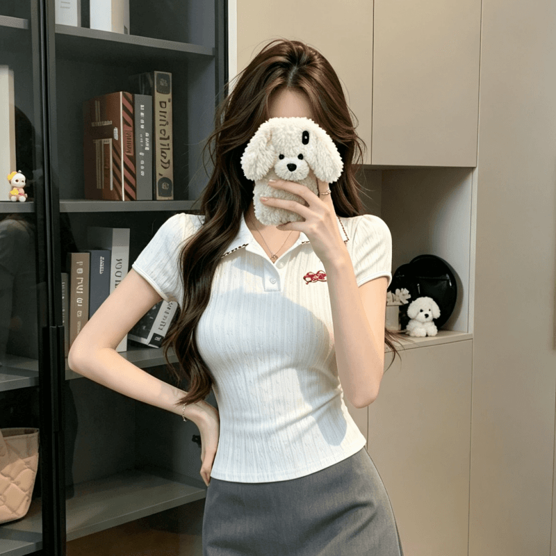 실사 학원 스타일 디자인 센스 POLO 칼라 반팔 티셔츠 여성 여름 몸매 가꾸기 슬림해 보이는 다용도 긍정적 인 어깨 의류 상세 이미지 4