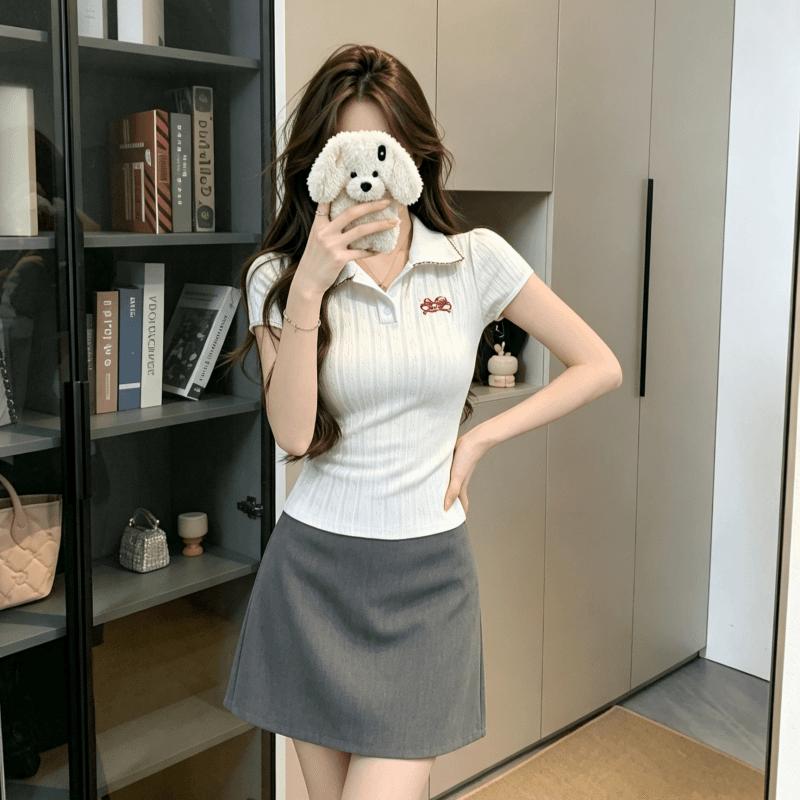 실사 학원 스타일 디자인 센스 POLO 칼라 반팔 티셔츠 여성 여름 몸매 가꾸기 슬림해 보이는 다용도 긍정적 인 어깨 의류 상세 이미지 5
