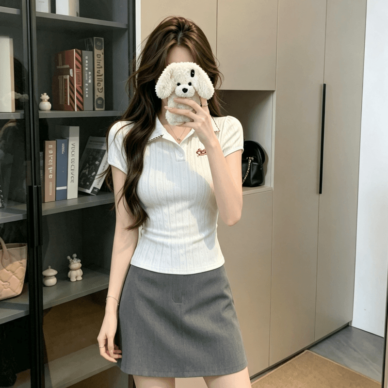 실사 학원 스타일 디자인 센스 POLO 칼라 반팔 티셔츠 여성 여름 몸매 가꾸기 슬림해 보이는 다용도 긍정적 인 어깨 의류 상세 이미지 6