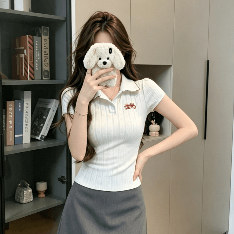 실사 학원 스타일 디자인 센스 POLO 칼라 반팔 티셔츠 여성 여름 몸매 가꾸기 슬림해 보이는 다용도 긍정적 인 어깨 의류 상세 이미지 7