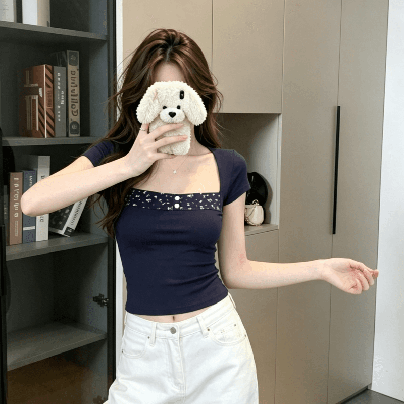 실사 Chic 디자인 센스 광장 칼라 패치워크 꽃무늬 반팔 티셔츠 여성 여름 프린트 몸매 가꾸기 쇼트 스타일 맨위 이미지 5