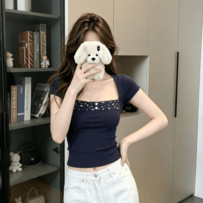 실사 Chic 디자인 센스 광장 칼라 패치워크 꽃무늬 반팔 티셔츠 여성 여름 프린트 몸매 가꾸기 쇼트 스타일 맨위