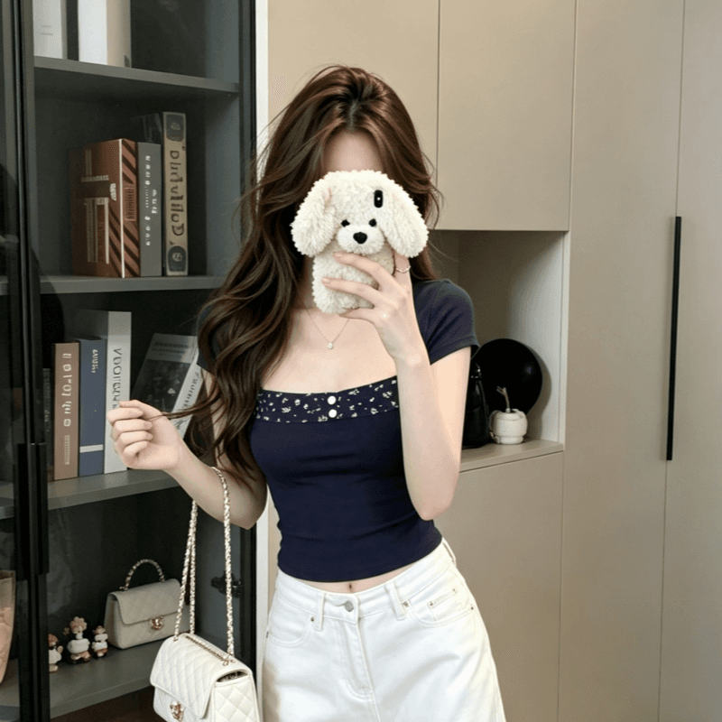 실사 Chic 디자인 센스 광장 칼라 패치워크 꽃무늬 반팔 티셔츠 여성 여름 프린트 몸매 가꾸기 쇼트 스타일 맨위 상세 이미지 5
