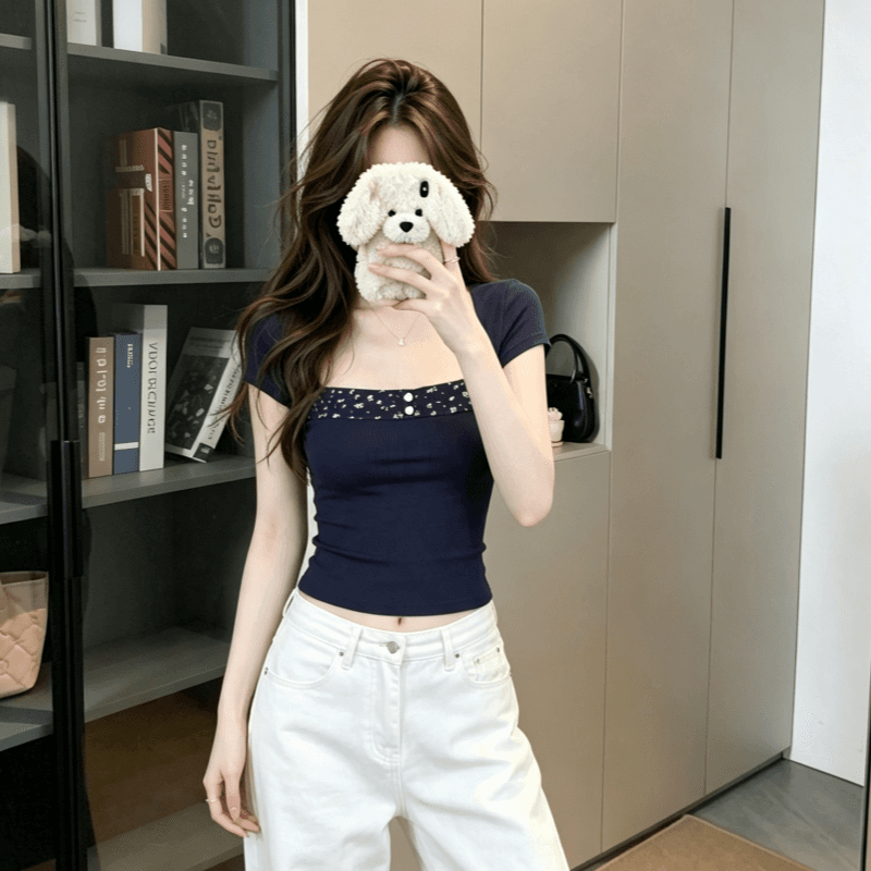 실사 Chic 디자인 센스 광장 칼라 패치워크 꽃무늬 반팔 티셔츠 여성 여름 프린트 몸매 가꾸기 쇼트 스타일 맨위 상세 이미지 7