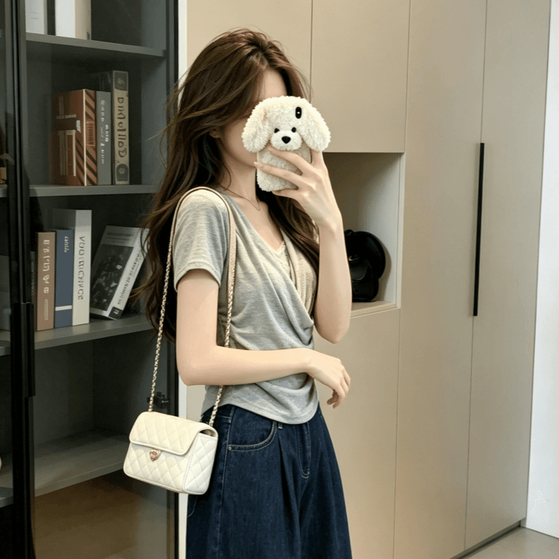 실사 프랑스식 미니멀리즘 u 칼라 페이크 레이어드 화이트 반팔 티셔츠 여성 여름 레이스 조각 슬림해 보이는 맨위 이미지 5