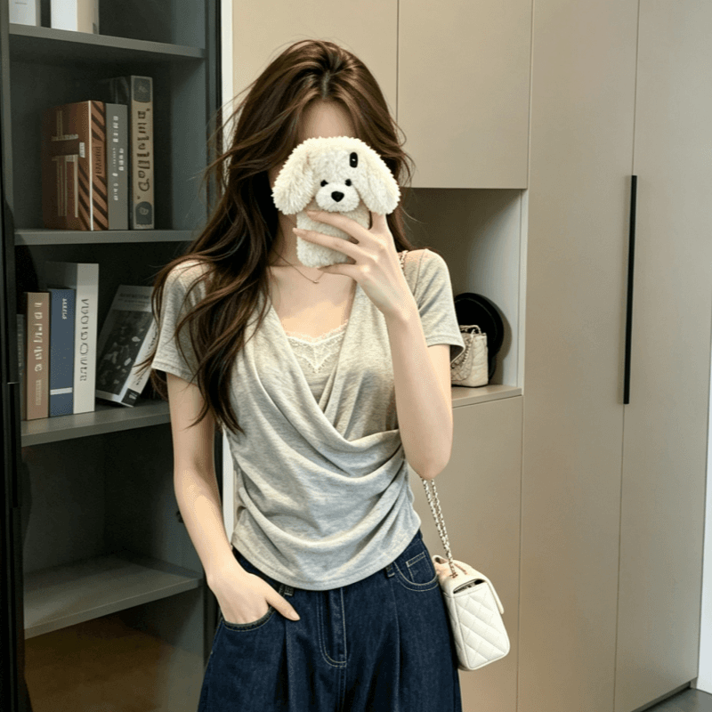 실사 프랑스식 미니멀리즘 u 칼라 페이크 레이어드 화이트 반팔 티셔츠 여성 여름 레이스 조각 슬림해 보이는 맨위 상세 이미지 3