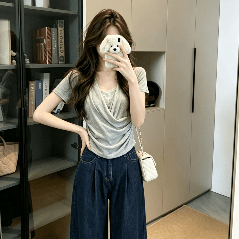실사 프랑스식 미니멀리즘 u 칼라 페이크 레이어드 화이트 반팔 티셔츠 여성 여름 레이스 조각 슬림해 보이는 맨위 상세 이미지 4