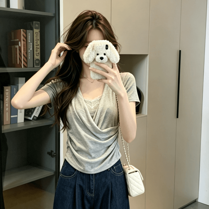 실사 프랑스식 미니멀리즘 u 칼라 페이크 레이어드 화이트 반팔 티셔츠 여성 여름 레이스 조각 슬림해 보이는 맨위 상세 이미지 5