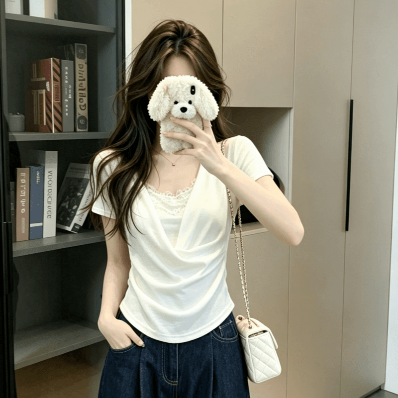 실사 프랑스식 미니멀리즘 u 칼라 페이크 레이어드 화이트 반팔 티셔츠 여성 여름 레이스 조각 슬림해 보이는 맨위 상세 이미지 6