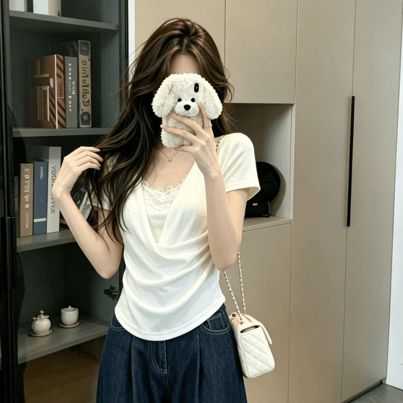 실사 프랑스식 미니멀리즘 u 칼라 페이크 레이어드 화이트 반팔 티셔츠 여성 여름 레이스 조각 슬림해 보이는 맨위 상세 이미지 7