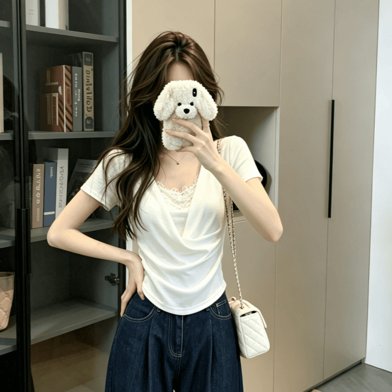 실사 프랑스식 미니멀리즘 u 칼라 페이크 레이어드 화이트 반팔 티셔츠 여성 여름 레이스 조각 슬림해 보이는 맨위 상세 이미지 8