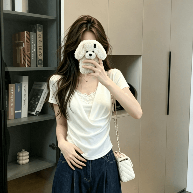 실사 프랑스식 미니멀리즘 u 칼라 페이크 레이어드 화이트 반팔 티셔츠 여성 여름 레이스 조각 슬림해 보이는 맨위 상세 이미지 9