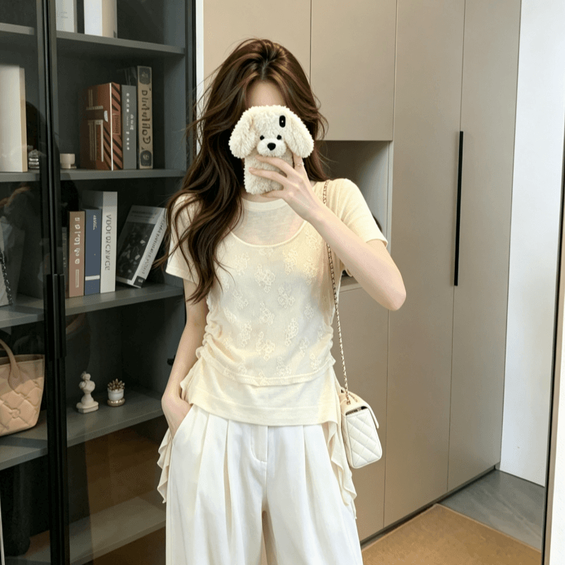 실사 2026 새로운 달콤함 부드러운 찹쌀 자카드 작은 셔츠 여성 여름 주름 슬림해 보이는 페이크 레이어드 맨위 이미지 3