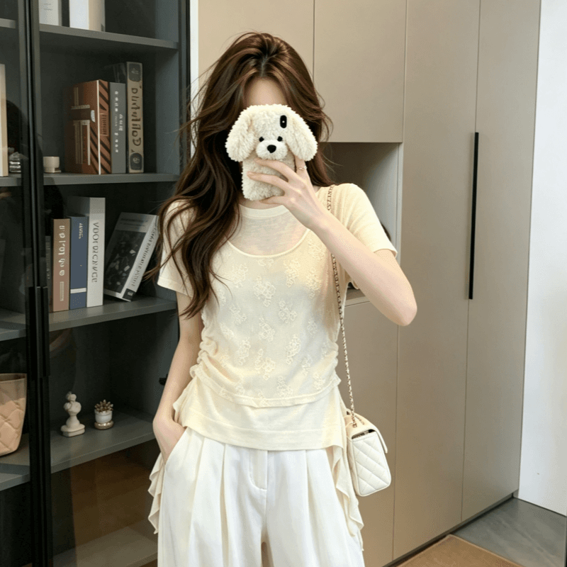 실사 2026 새로운 달콤함 부드러운 찹쌀 자카드 작은 셔츠 여성 여름 주름 슬림해 보이는 페이크 레이어드 맨위
