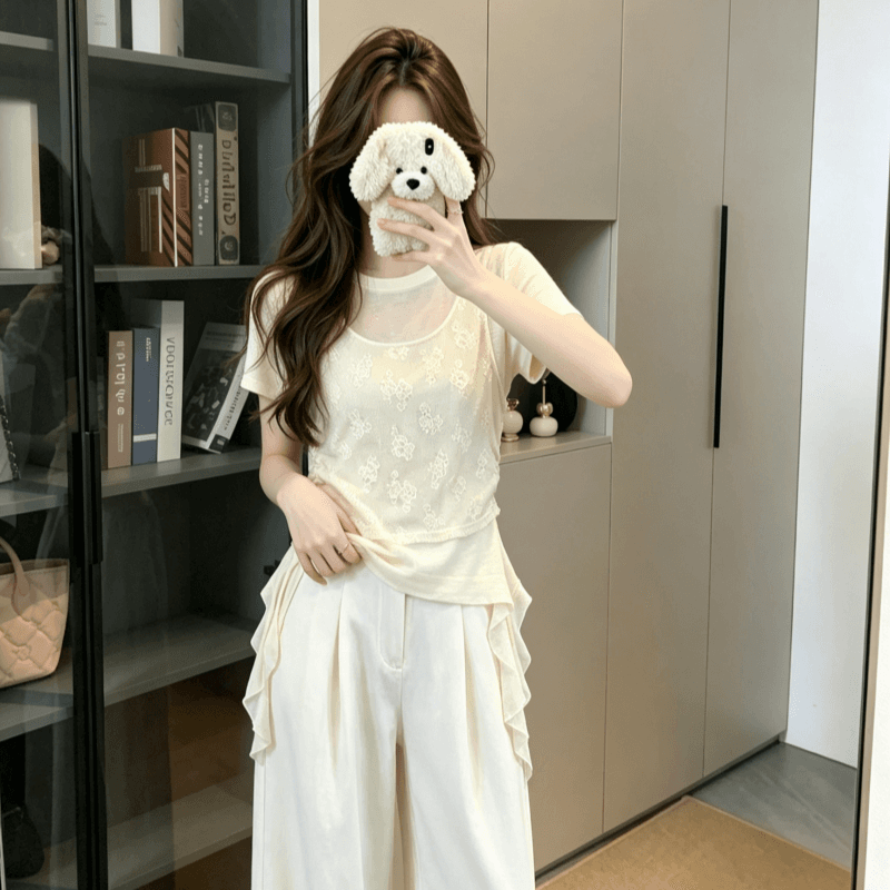 실사 2026 새로운 달콤함 부드러운 찹쌀 자카드 작은 셔츠 여성 여름 주름 슬림해 보이는 페이크 레이어드 맨위 상세 이미지 5