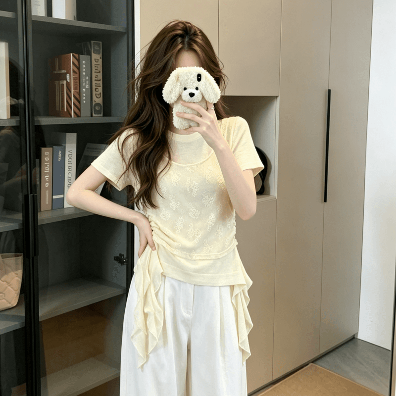 실사 2026 새로운 달콤함 부드러운 찹쌀 자카드 작은 셔츠 여성 여름 주름 슬림해 보이는 페이크 레이어드 맨위 상세 이미지 7