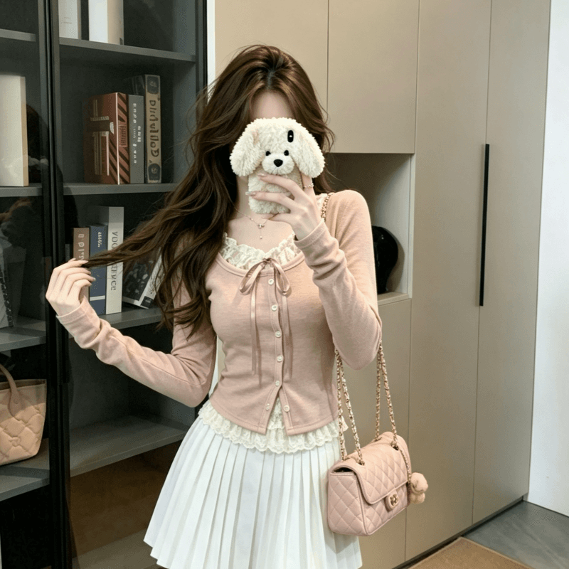 실사 이른 가을 순수한 욕망 레이스 레이스업 페이크 레이어드 디자인 센스 긴팔 티셔츠 여성 발레 바람 bm 작은 맨위 이미지 5