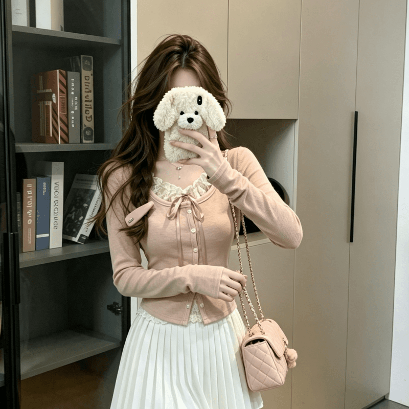 실사 이른 가을 순수한 욕망 레이스 레이스업 페이크 레이어드 디자인 센스 긴팔 티셔츠 여성 발레 바람 bm 작은 맨위 이미지 2