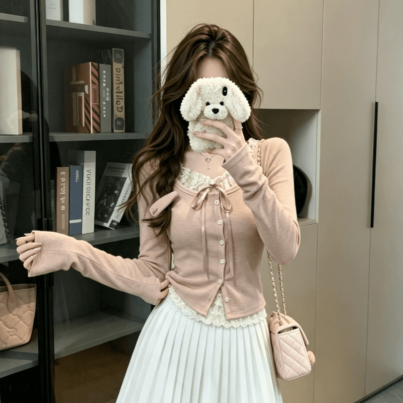 실사 이른 가을 순수한 욕망 레이스 레이스업 페이크 레이어드 디자인 센스 긴팔 티셔츠 여성 발레 바람 bm 작은 맨위 이미지 3