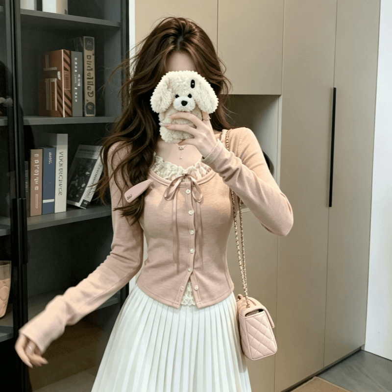 실사 이른 가을 순수한 욕망 레이스 레이스업 페이크 레이어드 디자인 센스 긴팔 티셔츠 여성 발레 바람 bm 작은 맨위