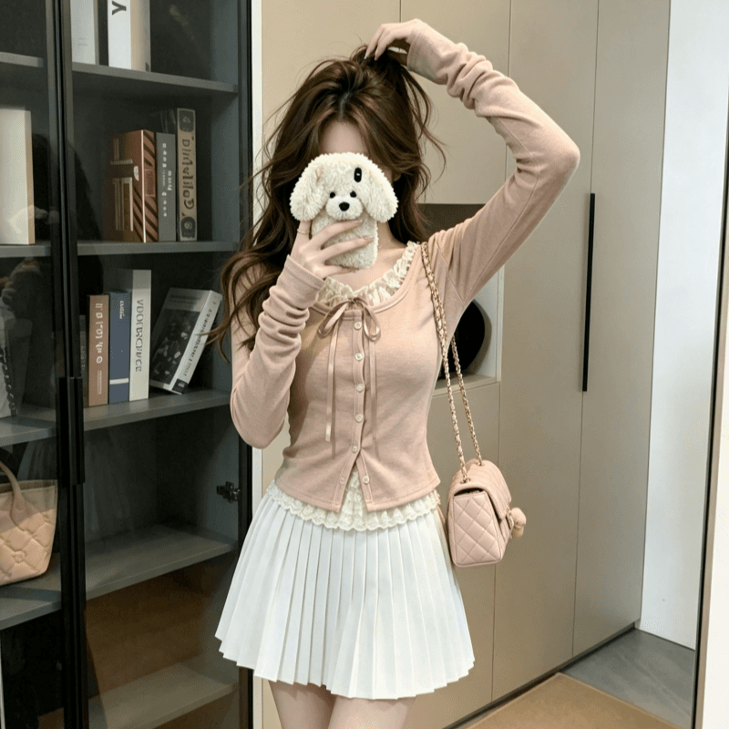 실사 이른 가을 순수한 욕망 레이스 레이스업 페이크 레이어드 디자인 센스 긴팔 티셔츠 여성 발레 바람 bm 작은 맨위 상세 이미지 5