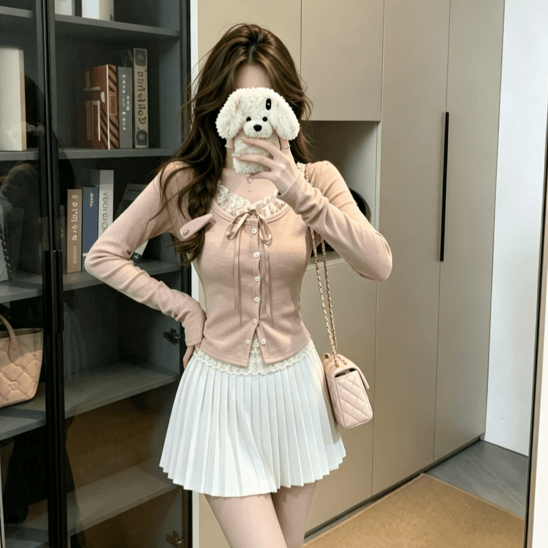 실사 이른 가을 순수한 욕망 레이스 레이스업 페이크 레이어드 디자인 센스 긴팔 티셔츠 여성 발레 바람 bm 작은 맨위 상세 이미지 7