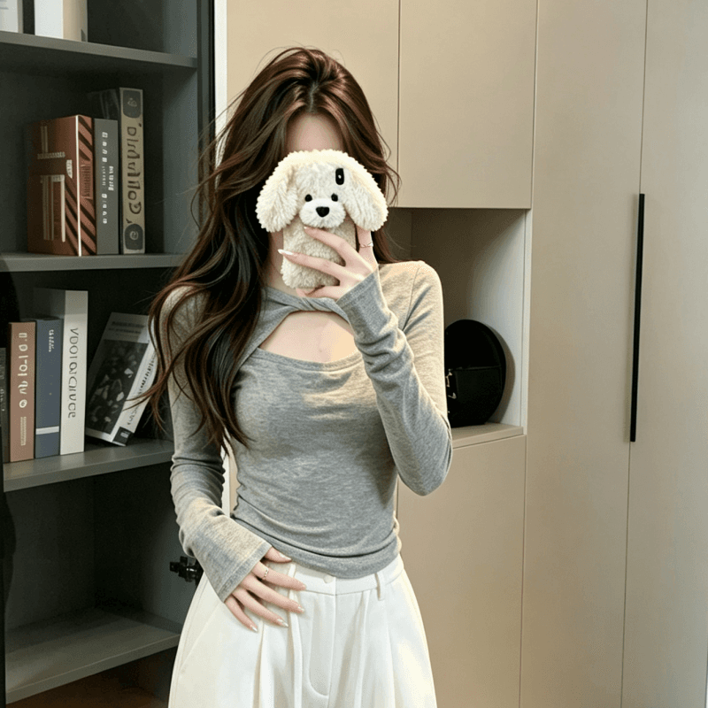 실사 2026 가을 디자인 센스 비틀림 홀로우 아웃 긍정적 인 어깨 긴팔 티셔츠 여성 가을 겨울 인사이드 가져 가라. 기본 셔츠 맨위 이미지 3