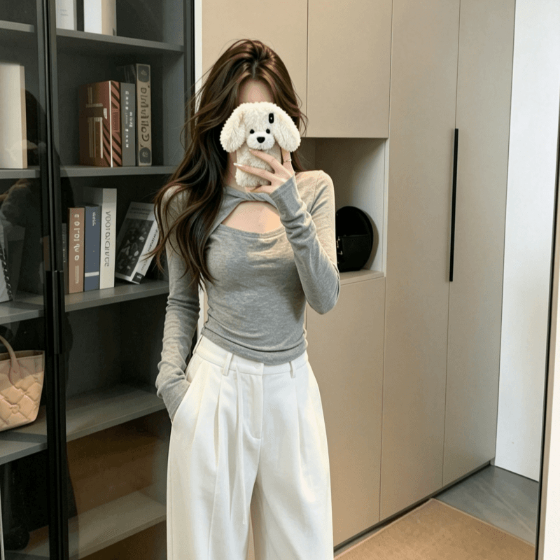 실사 2026 가을 디자인 센스 비틀림 홀로우 아웃 긍정적 인 어깨 긴팔 티셔츠 여성 가을 겨울 인사이드 가져 가라. 기본 셔츠 맨위 상세 이미지 10