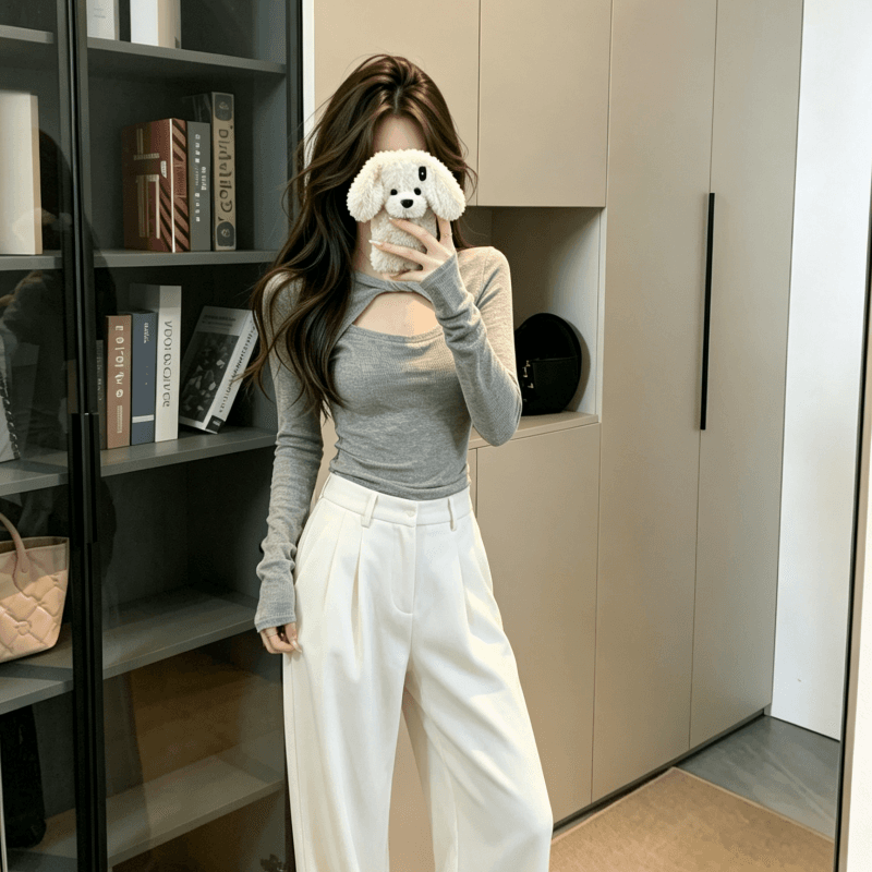 실사 2026 가을 디자인 센스 비틀림 홀로우 아웃 긍정적 인 어깨 긴팔 티셔츠 여성 가을 겨울 인사이드 가져 가라. 기본 셔츠 맨위 상세 이미지 12