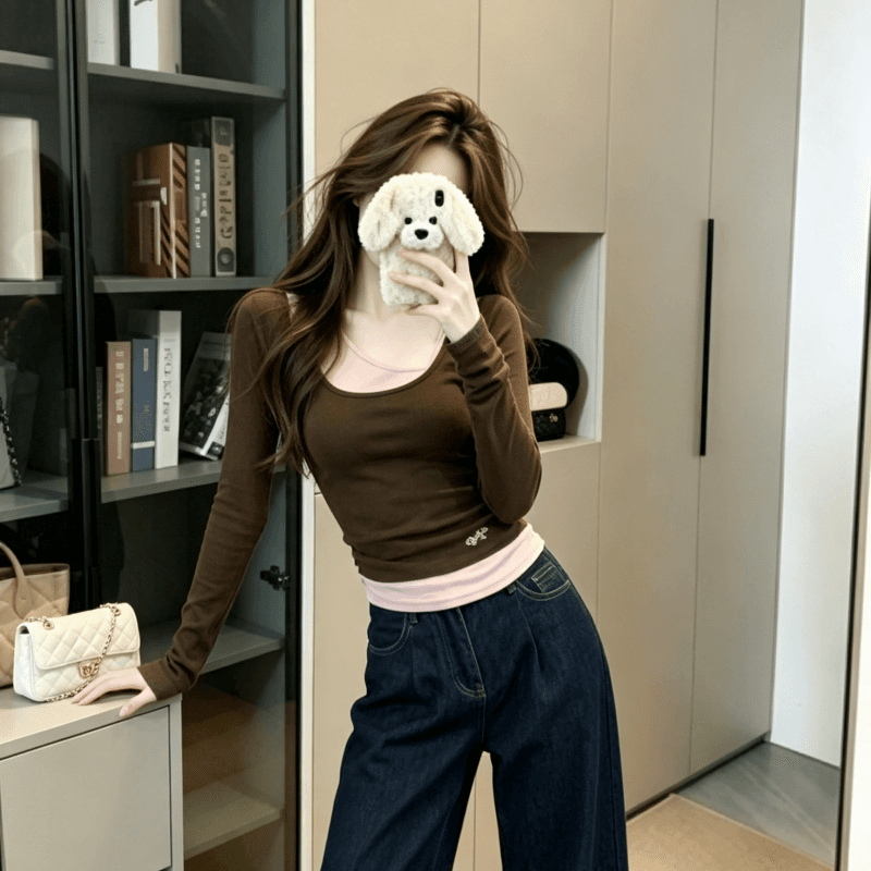 실사 2026 가을 새로운 배색 페이크 레이어드 패치워크 긴팔 티셔츠 여성 기본 셔츠 몸매 가꾸기 맨위 이미지 5