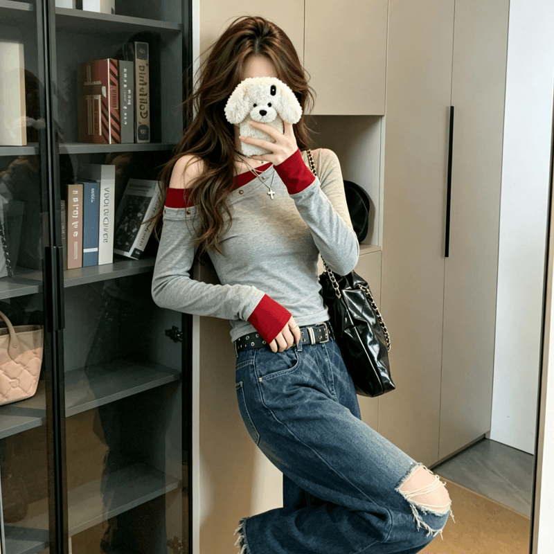실사 1 1 리브 210 그램 긴팔 티셔츠 여성 의류 봄 가을 징 페이크 레이어드 오프숄더 기본 셔츠 맨위 이미지 3