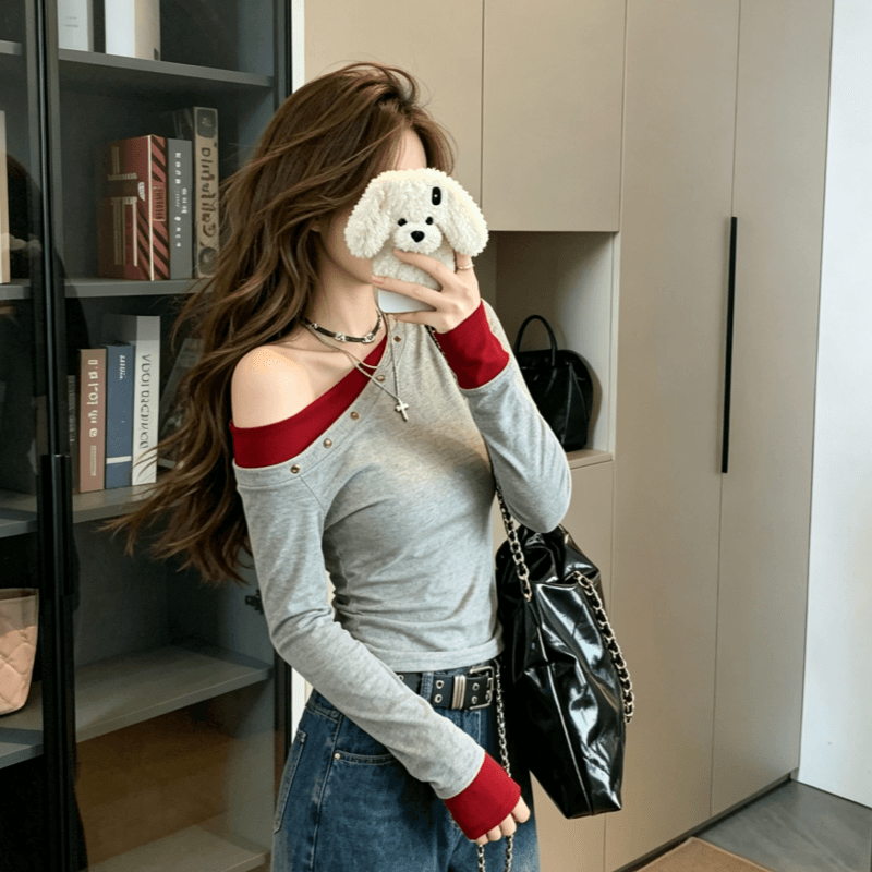 실사 1 1 리브 210 그램 긴팔 티셔츠 여성 의류 봄 가을 징 페이크 레이어드 오프숄더 기본 셔츠 맨위 상세 이미지 3